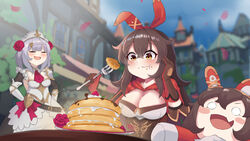  2girls 3d_background :t absurdres amber_(genshin_impact) armor armored_dress ascot baron_bunny_(genshin_impact) belt belt_pouch blunt_bangs blurry blush_stickers braid breasts brown_eyes brown_hair cleavage commentary_request cream depth_of_field eating flower food food_on_face fork fruit genshin_impact grey_hair hair_between_eyes hair_flower hair_ornament hairband hand_on_own_cheek hand_on_own_face hands_on_own_hips highres holding holding_fork lighter-than-air_pancake_(genshin_impact) long_hair lucifina_006 maid maid_headdress multiple_girls noelle_(genshin_impact) pancake pancake_stack petals plate pouch short_hair sidelocks single_braid strawberry stuffed_animal stuffed_rabbit stuffed_toy table two-tone_gloves 