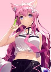  absurdres akanebi animal_ear_fluff animal_ears antenna_hair black_choker black_skirt braid braided_bun breasts choker closed_mouth crop_top crown_braid female hair_between_eyes hair_bun hair_ornament hakui_koyori hakui_koyori_(1st_costume) hand_up highres holding holding_test_tube hololive index_finger_raised large_breasts long_hair midriff nail_polish navel necktie pink_hair pink_nails pink_necktie shirt simple_background single_side_bun skirt sleeveless sleeveless_shirt smile solo test_tube very_long_hair virtual_youtuber white_shirt 