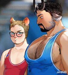  2boys animal_ears armpit_hair bara beard black-framed_eyewear black_hair blue_eyes blush breast_envy bursting_pectorals chest_hair covered_nipples cow_boy cow_ears cow_horns dark-skinned_male dark_skin facial_hair from_side glasses goatee hairy highres horns judo-kun_(saiberseks) large_pectorals looking_at_another looking_down male_cleavage male_focus mature_male meme mouse_boy mouse_ears moustache multiple_boys muscle_envy muscular muscular_male original pectoral_envy_(meme) pectoral_focus pectorals short_hair sideburns sidepec singlet skin_tight upper_body wrestling_outfit yaoi 