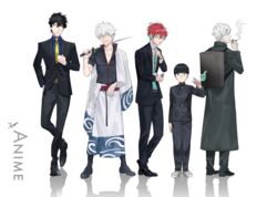  5boys backpack bag black_footwear black_hair black_jacket blue_hair blue_neckwear bowl_cut btmr_game commentary_request crossover ekubo_(mob_psycho_100) formal gakuran ginko_(mushishi) gintama holding holding_weapon hypnosis_mic id_card jacket japanese_clothes kageyama_shigeo kannonzaka_doppo kekkai_sensen lanyard long_sleeves male_focus mob_psycho_100 multicolored_hair multiple_boys mushishi necktie over_shoulder pants red_hair sakata_gintoki scar scar_on_face school_uniform shirt signature simple_background smoke smoking standing steven_a._starphase suit sweat sword weapon weapon_over_shoulder white_background white_hair yellow_necktie 