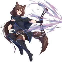  absurdres animal_ear_fluff animal_ears arrow_(projectile) belt belt_buckle black_cloak black_footwear black_gloves black_shorts blush boots bow_(weapon) brown_hair brown_thighhighs buckle cloak commentary compound_bow female full_body gloves grey_belt grey_sweater hair_between_eyes highres holding holding_bow_(weapon) holding_weapon knee_boots long_hair looking_away looking_to_the_side open_mouth original outstretched_arm partially_fingerless_gloves ponta_(velmar) quiver red_eyes ribbed_sweater short_shorts shorts simple_background solo sweater tail thighhighs thighhighs_under_boots turtleneck turtleneck_sweater v-shaped_eyebrows very_long_hair weapon white_background 