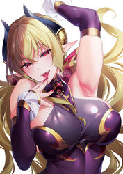  :d armpits blonde_hair breasts demon_girl demon_horns detached_sleeves dress fangs female fingernails hand_up highres hizuki_akira horn_cover horns large_breasts lips long_hair looking_at_viewer nail_polish open_mouth original pointy_ears purple_dress red_eyes red_nails seductive_smile simple_background smile solo tongue upper_body white_background yokubou_pandora 