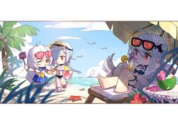  3girls ahoge arknights artist_name ball barefoot beach beach_chair beachball bird braid chibi chinese_commentary coconut coconut_tree commentary_request crazy_straw cup day drinking drinking_straw eyewear_on_head food fruit fruit_cup gladiia_(arknights) glass grey_hair hair_between_eyes hair_ornament hair_over_one_eye holding holding_ball holding_cup holding_food ice_cream inuko_(redconstellation) juice knee_up lemon lemon_slice licking long_hair lying multiple_girls official_alternate_costume on_back one_eye_closed orca_hair_ornament outdoors palm_tree phone red_eyes sandals selfie_stick single_braid skadi_(arknights) skadi_(waverider)_(arknights) specter_(arknights) sunglasses thigh_strap thighs tongue tongue_out tree visor_cap watermark white_hair 