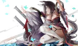  absurdres animal_ear_fluff animal_ears azur_lane black_hair black_kimono blood blood_on_hands blue_eyes breasts chinese_commentary cleavage clenched_hand closed_mouth commentary female full_body fusou_(azur_lane) fusou_(meta)_(azur_lane) hand_up highres japanese_clothes kimono kkk_dami large_breasts looking_to_the_side ocean okobo on_one_knee open_hand sandals solo thighhighs torn_clothes torn_thighhighs white_thighhighs 