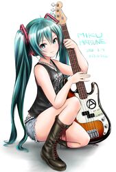  39 aqua_eyes aqua_hair bare_arms bare_shoulders bass_guitar black_footwear black_shirt boots character_name commentary cross-laced_footwear cutoffs dated denim denim_shorts female fender_precision_bass flick_(sal23) french_text grey_shorts hair_ornament hatsune_miku highres holding instrument jewelry lace-up_boots long_hair looking_at_viewer necklace on_one_knee shadow shirt short_shorts shorts simple_background sleeveless sleeveless_shirt smile solo thighs twintails very_long_hair vocaloid white_background 