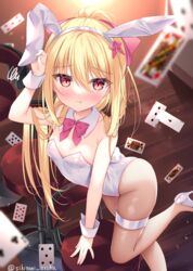  ass blonde_hair breasts chair cleavage closed_mouth commentary_request female high_heels long_hair original playboy_bunny red_eyes shikitani_asuka small_breasts solitaire solo tagme thighs twitter_username 