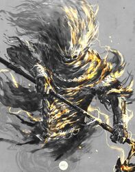  1boy armor commentary dark_souls_(series) dark_souls_iii english_commentary grey_background highres holding holding_polearm holding_weapon nameless_king polearm shimhaq simple_background solo weapon 