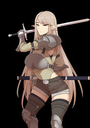  absurdres ah-lyong_lee armor belt blonde_hair boots breasts commentary contrapposto earrings elf english_commentary female gauntlets highres jewelry korean_commentary large_breasts long_hair mixed-language_commentary original pointy_ears red_eyes scabbard sheath shorts solo sword thigh_boots thighhighs very_long_hair weapon 