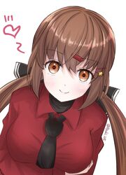  alternate_costume arm_under_breasts black_bow blush bow breasts brown_eyes brown_hair female hair_between_eyes hair_ornament hairbow hairclip heart highres kantai_collection large_breasts long_hair looking_at_viewer low_twintails necktie one-hour_drawing_challenge red_shirt ryouki_(ryoki_215) shirt simple_background star_(symbol) tashkent_(kancolle) twintails upper_body white_background 