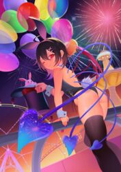  aerial_fireworks ahoge alternate_costume animal_ears arm_support ass asymmetrical_wings balloon black_hair black_leotard black_thighhighs blue_wings blush closed_mouth collar commentary_request detached_collar dutch_angle fake_animal_ears fake_tail feet_out_of_frame female fireworks fountain hair_between_eyes hair_ornament hat highres holding holding_clothes holding_hat houjuu_nue leotard looking_at_viewer looking_back nail_polish one_eye_closed outdoors playboy_bunny rabbit rabbit_ears rabbit_tail railing recare red_eyes red_wings short_hair smile solo standing strapless strapless_leotard tail thick_thighs thighhighs thighs top_hat touhou unworn_hat unworn_headwear white_collar wings wrist_cuffs x_hair_ornament 