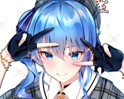  ahoge bead_bracelet beads beret black_choker black_gloves blue_eyes blue_hair blue_nails blue_ribbon blush bracelet choker collared_shirt commentary_request crown double_v earrings female gloves grey_hat grin hair_between_eyes hair_ribbon hat hololive hoshimachi_suisei hoshimachi_suisei_(1st_costume) jewelry looking_at_viewer medium_hair nail_polish partially_fingerless_gloves plaid plaid_headwear plaid_shirt portrait ribbon shirt side_ponytail sidelocks smile solo sparkle star_(symbol) star_choker star_in_eye symbol_in_eye v virtual_youtuber yuyu_(yuyuworks) 