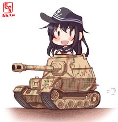  akatsuki_(kancolle) anchor_symbol artist_logo black_hair black_sailor_collar chibi commentary_request dated elefant female flat_cap hat highres kanon_(kurogane_knights) kantai_collection long_hair military military_vehicle motor_vehicle neckerchief red_neckerchief riding sailor_collar school_uniform serafuku simple_background smile solo tank tank_destroyer white_background |_| 