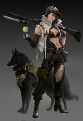  assault_rifle ball bayonet belt black_dog black_footwear black_hair black_nails boots breasts canine cleavage female fingerless_gloves fingernails gloves goggles goggles_on_head gun hat high_heels highres knife looking_at_viewer navel original pouch rifle short_hair single_glove small_breasts suppressor taak_choi tennis_ball thigh_pouch toned tongue tongue_out turtleneck vest weapon 