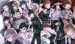  6+boys 6+girls :d ahoge anniversary arm_up artist_name asahina_aoi ass beard black_gloves black_hair black_jacket black_pants black_ribbon blonde_hair blue_eyes braid brown_hair card celestia_ludenberg claw_ring collarbone commentary copyright_name cosplay danganronpa:_trigger_happy_havoc danganronpa_(series) drill_hair earrings enoshima_junko enoshima_junko_(cosplay) everyone facial_hair feet_out_of_frame freckles from_side fujisaki_chihiro fukawa_toko glasses gloves goatee green_hoodie grey_hair grin hagakure_yasuhiro hair_between_eyes hair_ribbon highres holding holding_card holding_microphone hood hoodie ikusaba_mukuro ishimaru_kiyotaka jacket jewelry kirigiri_kyoko kuwata_leon long_hair looking_at_viewer maizono_sayaka messy_hair microphone miniskirt mole mole_under_mouth monokuma multiple_boys multiple_girls naegi_makoto neck_ribbon necktie ogami_sakura open_mouth owada_mondo pants pink_ribbon playing_card pleated_skirt purple_eyes purple_hair red_eyes red_skirt ribbon scar scar_on_face school_uniform semi-rimless_eyewear short_hair single_braid skirt smile spoilers togami_byakuya twin_braids twin_drills yamada_hifumi z-epto_(chat-noir86) 