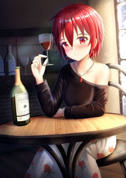  alcohol bare_shoulders black_shirt blush bottle closed_mouth collarbone commentary commission cup drinking_glass english_commentary female floral_print glint hair_between_eyes highres holding holding_cup indoors jewelry nose_blush off_shoulder on_chair original pendant print_skirt prophosphere red_eyes red_hair rose_print shirt sitting skirt smile solo table unmoving_pattern white_skirt window wine_glass 