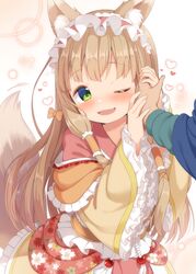  1boy ;d animal_ear_fluff animal_ears arm_up blush bow brown_bow brown_dress brown_hair brown_ribbon commentary_request dress female floral_print fox_ears fox_girl fox_tail frilled_dress frilled_hairband frilled_sleeves frills green_eyes hair_ribbon hair_tubes hairband hairbow hand_grab hand_up heart highres holding_hands long_hair long_sleeves maho_(princess_connect!) muku_(muku-coffee) nail_polish oerba_yun_fang one_eye_closed open_mouth out_of_frame pink_nails princess_connect! red_hairband ribbon skin_fang sleeves_past_wrists smile solo_focus tail tail_raised very_long_hair wide_sleeves 