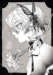  3di_project bow bowtie butterfly_hair_ornament celene_(3di) eyelashes female flower hair_ornament highres leaf monochrome short_hair solo upper_body vietnamese_text virtual_youtuber yui_kmy 