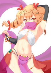  absurdres alternate_costume anklet arabian_clothes armpits bracelet circlet dancer dancing drill_hair elbow_gloves female gloves hair_ribbon harem_outfit highres jewelry masakano_masaka mouth_veil navel orange_eyes orange_hair pelvic_curtain ribbon see-through shawl smile solo touhou twin_drills veil yorigami_jo&#039;on 