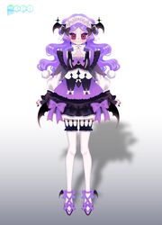  3di_project bat_wings drudrusilla_purple eyelashes female fingernails full_body gradient_background hairband highres logo long_sleeves pepparuru puffy_long_sleeves puffy_sleeves purple_footwear purple_hair red_eyes shadow solo standing swept_bangs virtual_youtuber wavy_hair white_legwear wings 