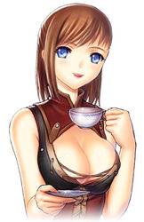  :d adventurer_(ff11) areola_slip bare_shoulders blue_eyes breasts brown_hair covered_nipples cup female final_fantasy final_fantasy_xi holding holding_cup holding_saucer hume large_breasts open_mouth saucer sleeveless smile solo taisai_soft teacup teeth upper_teeth_only 