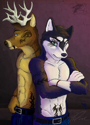  anthro antlers brown_body canid canine canis deer domestic_dog duo fluke horn male male/male mammal 