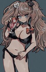  asymmetrical_breasts bad_id bad_twitter_id bear_hair_ornament bikini black_bikini blonde_hair bow breasts cleavage collarbone cowboy_shot danganronpa:_trigger_happy_havoc danganronpa_(series) danganronpa_s:_ultimate_summer_camp drinking_straw enoshima_junko female flower green_background grey_eyes hair_ornament halterneck highres holding kara_aren large_breasts leaning_to_the_side long_hair looking_at_viewer nail_polish navel red_bow red_flower scrunchie side-tie_bikini_bottom solo stomach swimsuit twintails wrist_scrunchie 