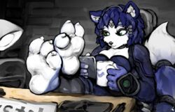  3_toes anthro barefoot canid canine cellphone chair coffee_mug cycadaacolyte electronics feet feet_on_desk female foot_focus fox furniture holding_object holding_phone krystal_(star_fox) mammal nintendo on_chair paws phone sitting sitting_on_chair soles solo star_fox starfox_assault toes 