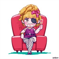  1boy :3 animated animated arm_rest armchair belt black_panties black_thighhighs blinking blonde_hair blunt_bangs bow bracelet brown_eyes chair champagne_flute chibi closed_mouth crossdressing cup drinking_glass earrings eyepatch eyeshadow facial_hair fishnet_thighhighs fishnets full_body goromi hair_ornament hair_stick hairbow hand_up high_heels holding holding_cup inui_yamato jewelry majima_goro makeup male_focus necklace one_eye_covered panties pink_bow pink_footwear ryuu_ga_gotoku_(series) ryuu_ga_gotoku_1 ryuu_ga_gotoku_kiwami shoes shoulder_tattoo sitting solo strapless tattoo thick_eyebrows thighhighs underwear 