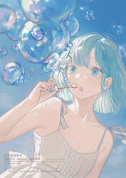  :o blue_eyes blue_hair blue_sky blunt_ends bow breasts bubble chinese_commentary chinese_text cleavage collarbone commentary day dress dutch_angle english_text female highres open_mouth original senryoko short_hair sky sleeveless sleeveless_dress solo spaghetti_strap sparkle sunlight swept_bangs upper_body waist_bow web_address white_bow white_dress 