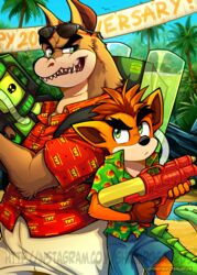  activision anthro bandicoot canid canine canis crash_(series) crash_bandicoot crocodile crocodilian crocodylid dingo dingodile duo hybrid male mammal marsupial palm_tree plant reptile scalie shrimposaurus toy toy_gun tree water_gun 