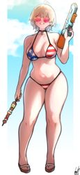  american_flag american_flag_bikini american_flag_print bikini blonde_hair breasts choker chris_(ginseng) cleavage earrings female flag_print flip-flops full_body ginseng_(xin) highres holding holding_skewer holding_water_gun jewelry looking_at_viewer navel open_mouth original print_bikini red-tinted_eyewear sandals short_hair skewer solo sunglasses swimsuit tinted_eyewear water_gun yakiniku 