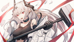  absurdres arknights bangs bare_shoulders black_choker breasts choker commentary_request crop_top fanshu female gloves grey_gloves hammer highres holding holding_hammer holding_weapon horns large_breasts long_hair midriff mudrock_(arknights) open_mouth pointy_ears red_eyes sarashi silver_hair solo sports_bra upper_body weapon white_background 