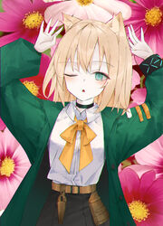  0_(znanimo) absurdres animal_ears arknights arms_up belt commentary dog_ears dog_girl female floral_background green_jacket grey_eyes hair_between_eyes highres jacket long_sleeves looking_at_viewer lying medium_hair neck_ribbon on_back one_eye_closed open_clothes open_jacket orange_ribbon podenco_(arknights) ribbon shirt solo symbol-only_commentary triangle_mouth upper_body utility_belt white_shirt 