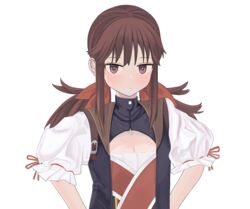  blush brown_hair closed_mouth commentary_request dress falcon_(girls&#039;_frontline) female girls&#039;_frontline long_hair red_eyes ribbon saiy0u sidelocks simple_background solo upper_body white_background 