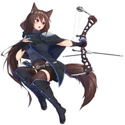  absurdres animal_ear_fluff animal_ears arrow_(projectile) belt belt_buckle black_cloak black_footwear black_gloves black_shorts blush boots bow_(weapon) brown_hair brown_thighhighs buckle cloak commentary compound_bow female full_body gloves grey_belt grey_sweater hair_between_eyes highres holding holding_bow_(weapon) holding_weapon knee_boots long_hair looking_away looking_to_the_side open_mouth original outstretched_arm partially_fingerless_gloves ponta_(velmar) quiver red_eyes ribbed_sweater short_shorts shorts simple_background solo sweater tail thighhighs thighhighs_under_boots turtleneck turtleneck_sweater v-shaped_eyebrows very_long_hair weapon white_background 