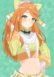  abs absurdres blush bow commentary_request crop_top etie_(fire_emblem) female fire_emblem fire_emblem_engage green_background green_bow green_eyes green_shirt hairbow hand_on_own_hip highres keaworks long_hair looking_at_viewer midriff navel orange_hair parted_lips playing_with_own_hair shirt solo stomach tiara upper_body very_long_hair 