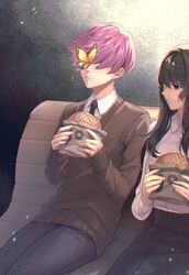  1boy bench black_necktie black_pants black_skirt brown_eyes brown_hair brown_sweater bug butterfly club_suicide collared_shirt commentary_request eating female food highres holding holding_food long_hair nanin necktie pants pink_hair pleated_skirt shindou_ringo shirt short_hair sitting skirt sleeves_past_wrists sweater usui_masaya white_shirt yellow_butterfly 