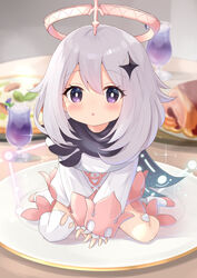  :o blurry blurry_background bright_pupils commentary cup dress drinking_glass female food full_body genshin_impact hair_between_eyes hair_ornament halo highres kimblee leaning_forward long_hair long_sleeves looking_at_viewer mini_person minigirl paimon_(genshin_impact) pizza plate purple_eyes romper scarf single_thighhigh sitting solo sticky_honey_roast_(genshin_impact) table thighhighs white_dress white_hair white_romper white_thighhighs wolfhook_juice_(genshin_impact) 