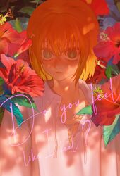  1boy alternate_costume bei1997 blonde_hair bud english_text floral_background flower green_eyes hibiscus highres hunter_x_hunter kurapika looking_at_viewer male_focus photo_inset portrait red_eyes red_flower shirt short_hair solo v-neck white_shirt wide-eyed 