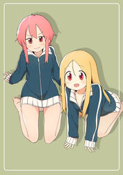  2girls absurdres bare_legs barefoot blonde_hair blush breasts bural_chingu coat collarbone commentary_request full_body hair_between_eyes highres jacket korean_commentary lee_ji-eun lee_ji-min long_hair looking_at_viewer luke_(dydansgur) multiple_girls naked_coat partial_commentary pink_hair red_eyes short_hair short_hair_with_long_locks siblings sidelocks sisters smile track_jacket 