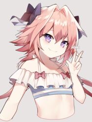  1boy astolfo_(fate) astolfo_(sparkling_frills)_(fate) bad_id bad_pixiv_id bare_shoulders bikini bikini_top_only black_bow blue_bikini blush bow braid closed_mouth collarbone fate/apocrypha fate/extella fate/extra fate_(series) frilled_bikini frills grey_background hair_intakes hand_up long_braid long_hair looking_at_viewer male_focus multicolored_hair oerba_yun_fang off-shoulder_bikini off_shoulder official_alternate_costume otoko_no_ko pink_hair purple_eyes simple_background single_braid skin_fang smile solo streaked_hair swimsuit upper_body w white_hair xoaiu 