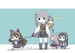  5girls :3 absurdres animal_ears asashimo_(kancolle) asashimo_kai_ni_(kancolle) ashigara_(kancolle) ashigara_kai_ni_(kancolle) backpack bag black_hair black_skirt black_thighhighs blue_skirt blush brown_hair bug butterfly carrying chibi closed_eyes collar dress fangs glasses grey_hair hair_over_one_eye hairband highres kantai_collection kasumi_(kancolle) kasumi_kai_ni_(kancolle) kiyoshimo_(kancolle) leash long_hair long_sleeves multiple_girls nami_nami_(belphegor-5812) ooyodo_(kancolle) open_mouth piggyback pinafore_dress ponytail sailor_collar school_uniform serafuku shadow side_ponytail simple_background skirt sleeveless sleeveless_dress standing tail thighhighs twitter_username two-tone_background wolf_ears wolf_tail yawning 