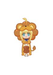  :&lt; ahoge animal_costume aqua_eyes artoria_pendragon_(fate) blonde_hair boned_meat chibi fate/tiger_colosseum fate/unlimited_codes fate_(series) female food green_eyes lion_costume meat miwa_shirow planted saber_lion solo standing weapon 