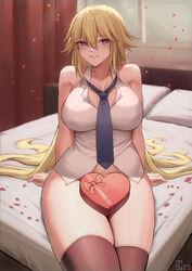  absurdres bare_shoulders bed black_thighhighs blonde_hair blue_eyes blush bottomless box breasts cleavage collarbone collared_shirt fate/apocrypha fate/grand_order fate_(series) female gift gift_box grin hair_spread_out heart-shaped_box highres jeanne_d&#039;arc_(fate) jeanne_d&#039;arc_(girl_from_orleans)_(fate) kakeku large_breasts long_hair looking_at_viewer necktie on_bed petals pillow shirt sidelocks sitting sleeveless smile solo thighhighs thighs very_long_hair white_shirt 