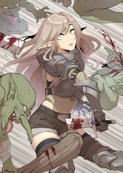  4boys absurdres ah-lyong_lee armor belt blonde_hair blood boots broken broken_weapon commentary earrings elf english_commentary female gauntlets goblin highres jewelry korean_commentary long_hair long_nose mixed-language_commentary multiple_boys original pointy_ears red_eyes shorts thigh_boots thighhighs very_long_hair weapon 