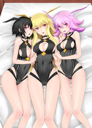  3girls bare_shoulders black_hair black_one-piece_swimsuit blonde_hair blush breasts choker cleavage cleavage_cutout clothing_cutout commentary_request fate/grand_order fate_(series) head_wings highleg highleg_swimsuit highres hildr_(fate) hildr_(swimsuit_assassin)_(fate) large_breasts long_hair looking_at_viewer multiple_girls one-piece_swimsuit open_mouth ortlinde_(fate) ortlinde_(swimsuit_assassin)_(fate) pink_hair red_eyes shirotsumekusa short_hair sidelocks smile swimsuit thighs thrud_(fate) thrud_(swimsuit_assassin)_(fate) valkyrie_(fate) wings 