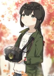  autumn_leaves black_eyes black_hair braid camera clothes_writing commentary_request female green_jacket hair_between_eyes holding holding_camera isonami_(autumn_mode)_(kancolle) isonami_(kancolle) jacket kantai_collection low_twintails official_alternate_costume one-hour_drawing_challenge sidelocks solo twin_braids twintails upper_body yamashichi_(mtseven) 