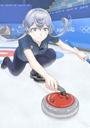  2022_winter_olympics alternate_costume black_footwear blue_eyes blue_hair blue_pants blue_shirt closed_mouth commentary_request curling curling_broom curling_stone female gotland_(kancolle) hair_between_eyes hair_bun highres holding kantai_collection mole mole_under_eye olympics on_one_knee pants playing_sports shirt short_sleeves single_hair_bun sliding solo taruya uniqlo 