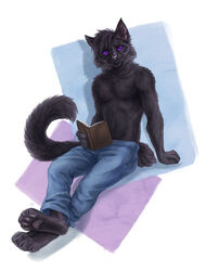  4_toes 5_fingers anthro barefoot black_body black_fur black_hair claws clothed clothing deyvarah digital_media_(artwork) domestic_cat feet felid feline felis fingers fur hair male mammal pawpads paws pink_pawpads purple_eyes soles solo toes 