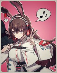  1other :q absurdres ambiguous_gender animal_ears ansel_(arknights) april_(arknights) arknights border breasts brown_hair coat comrade_stalin female grey_border hair_between_eyes hairband hand_up highres id_card large_breasts locked_arms long_hair looking_at_viewer musical_note out_of_frame pink_background purple_eyes rabbit_ears solo_focus speech_bubble spoken_musical_note spoken_sweatdrop sweatdrop tongue tongue_out upper_body v very_long_hair white_coat 